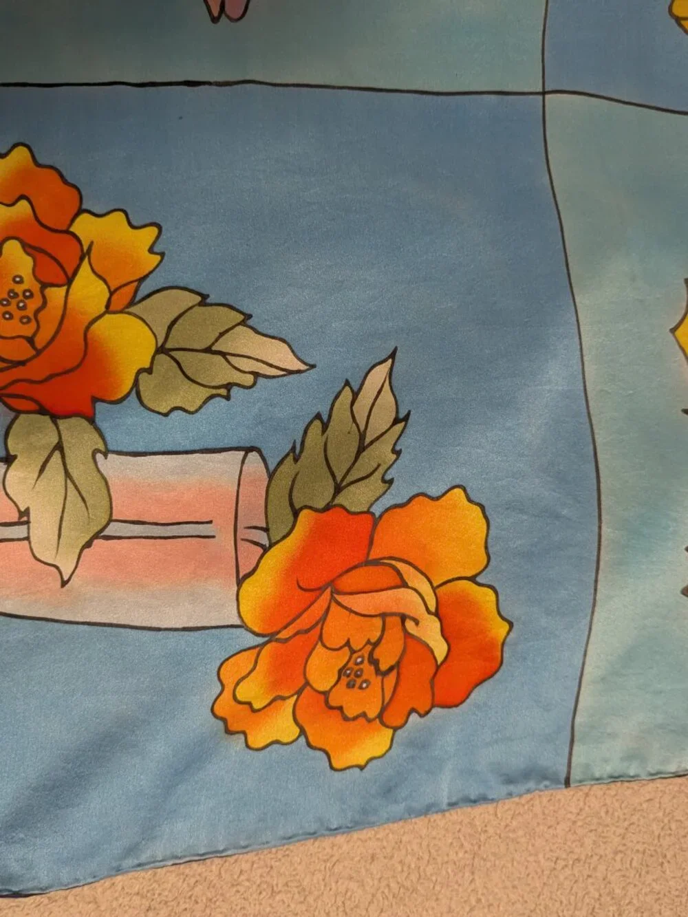 Vintage Hand Painted Silk Scarf 33x36 Abstract Butterfly Fish Floral 100% Silk
